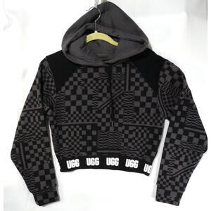 UGG Mallory Cropped Hoodie Women Size XS Fleece Sweatshirt Checks Gray‎ Black